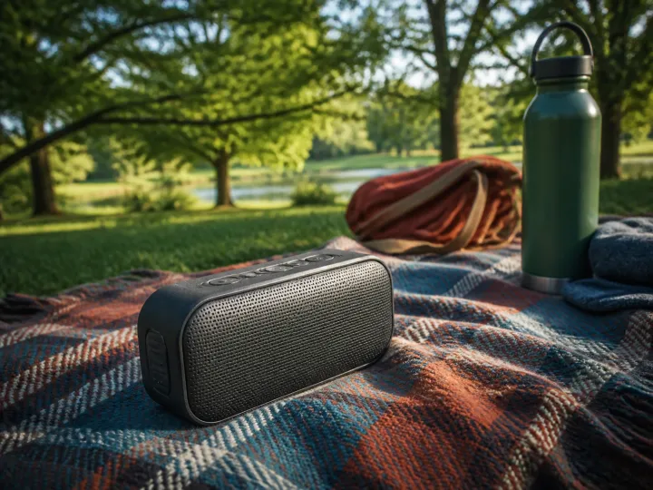 A compact unbranded portable speaker on a picnic blanket in a leafy outdoor setting.