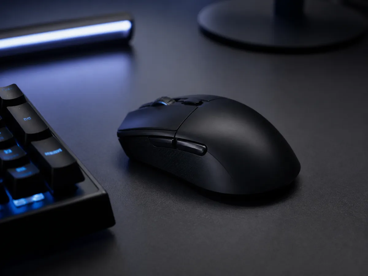 A streamlined gaming mouse on a dark desk beside a keyboard, with no visible branding.