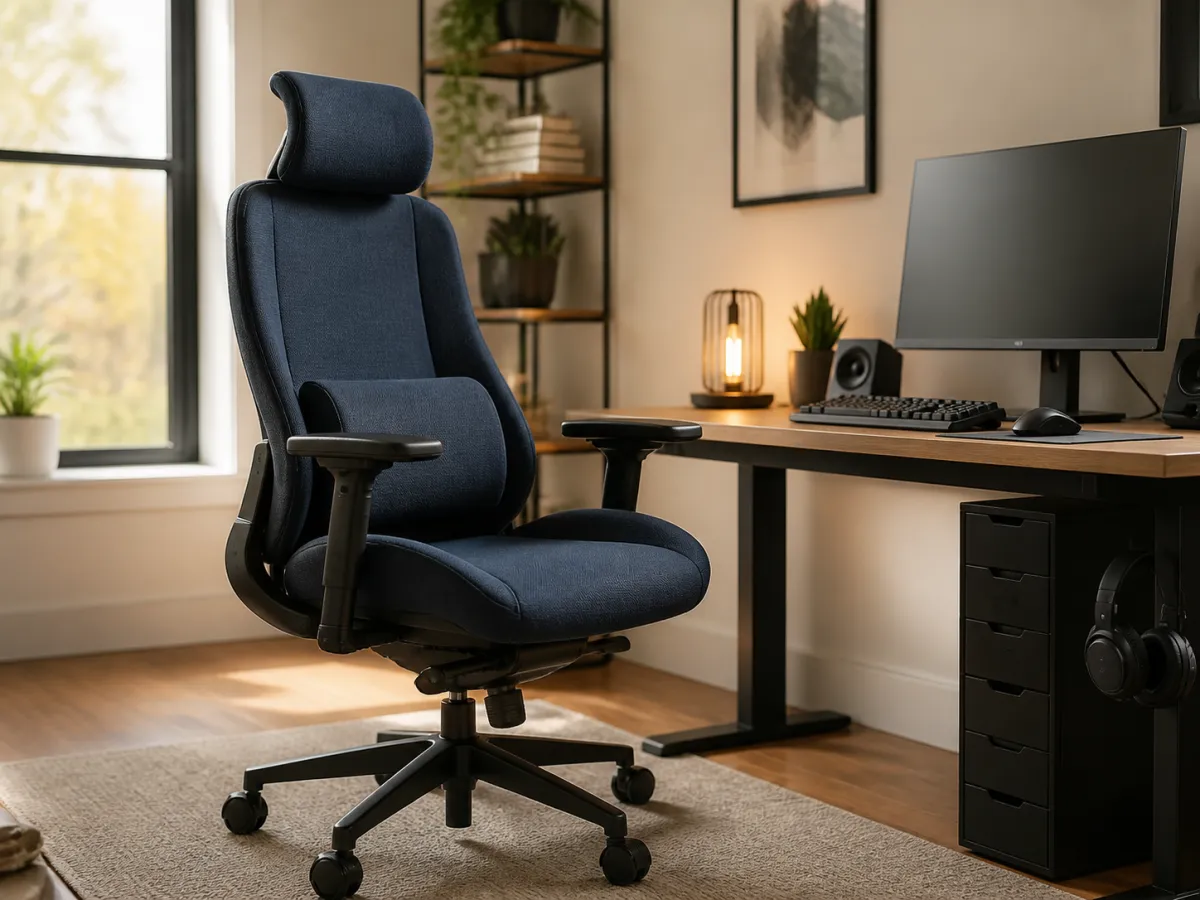 An ergonomic high-backed gaming chair at a tidy desk, shown without logos or exaggerated racing details.