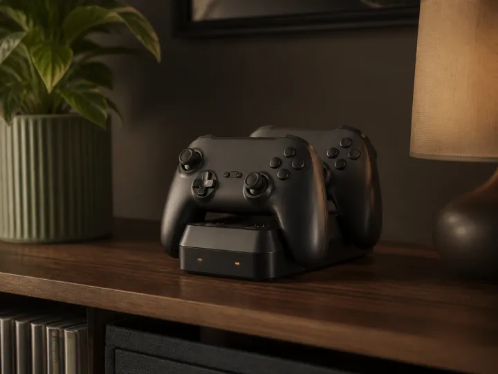 Two unbranded game controllers resting neatly on a compact charging dock.