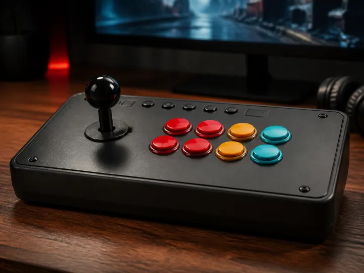An unbranded arcade fight stick with a ball-top joystick and colourful buttons on a gaming desk.