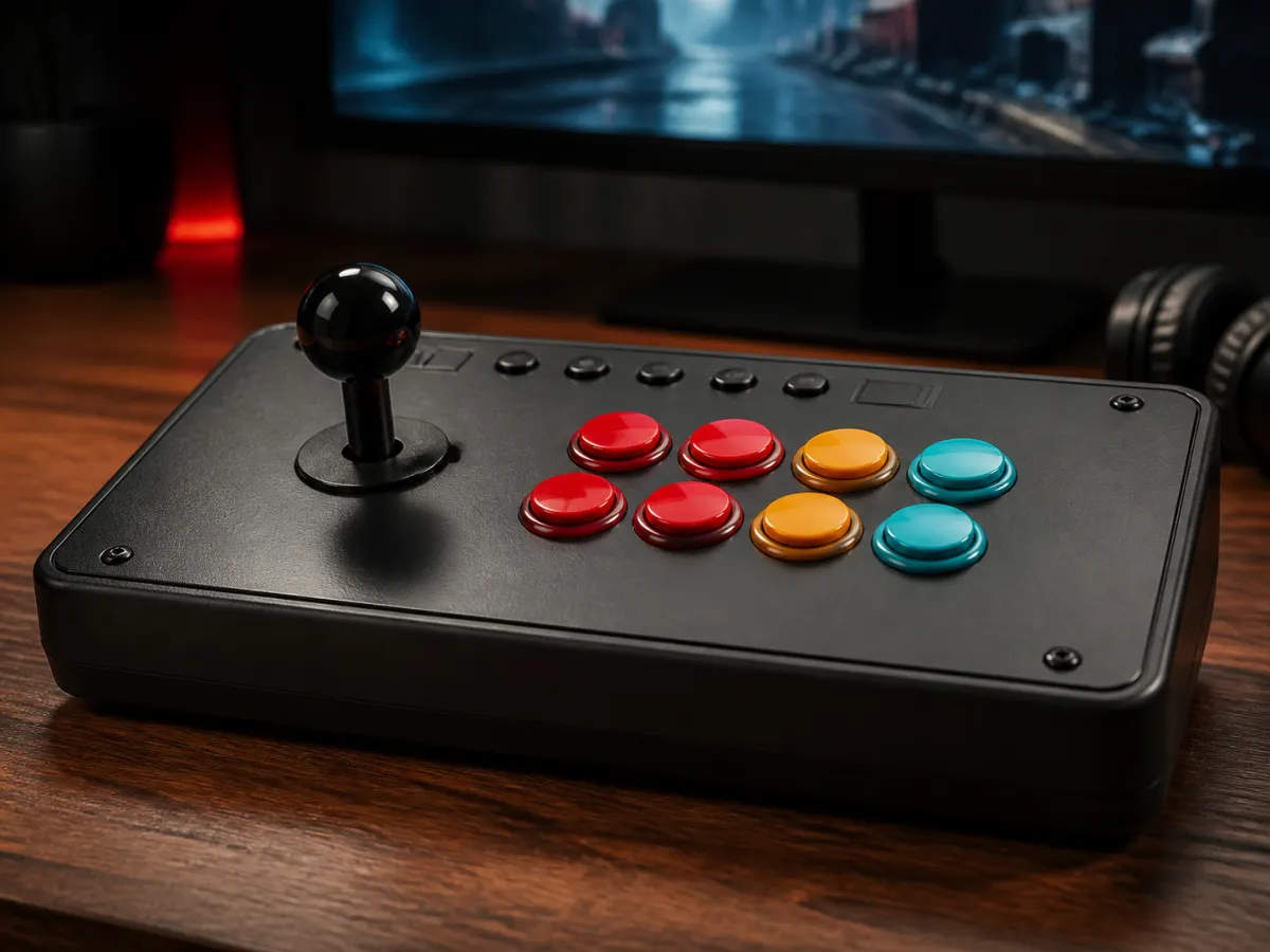 An unbranded arcade fight stick with a ball-top joystick and colourful buttons on a gaming desk.