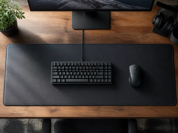 A large plain gaming desk mat beneath a keyboard and mouse on a tidy setup.