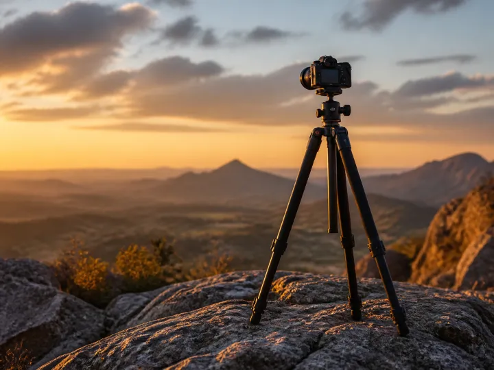 A sturdy unbranded camera tripod standing on a rocky viewpoint at golden hour.