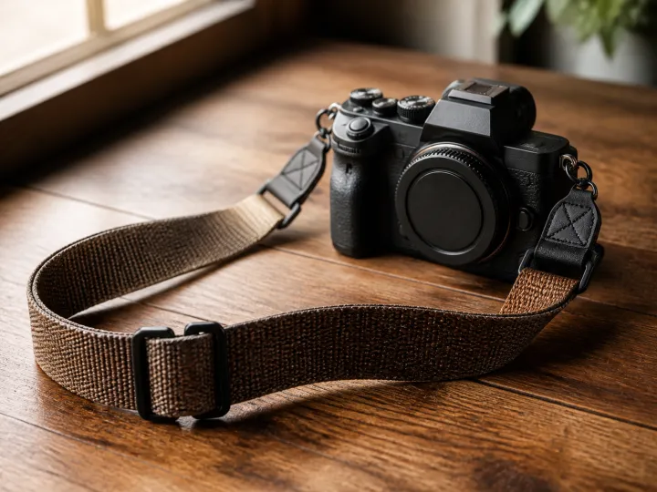 An unbranded camera with a broad woven strap resting on a wooden table.