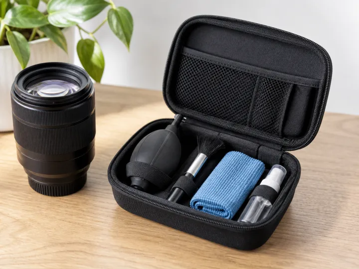 A tidy camera cleaning kit with air blower, soft brush and microfiber cloth beside an unbranded lens.