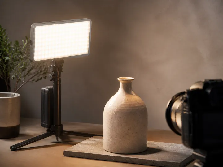 A small rectangular LED photography light illuminating a tabletop portrait setup without visible branding.