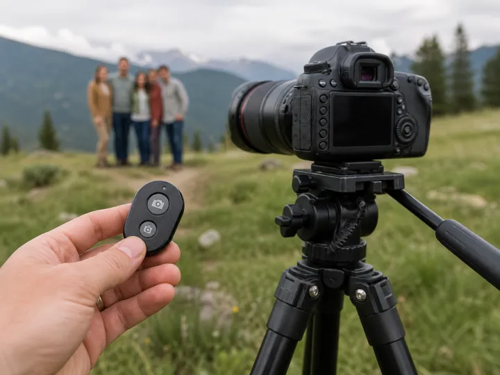 A small unbranded camera remote beside a camera set up on a tripod for a group photograph.