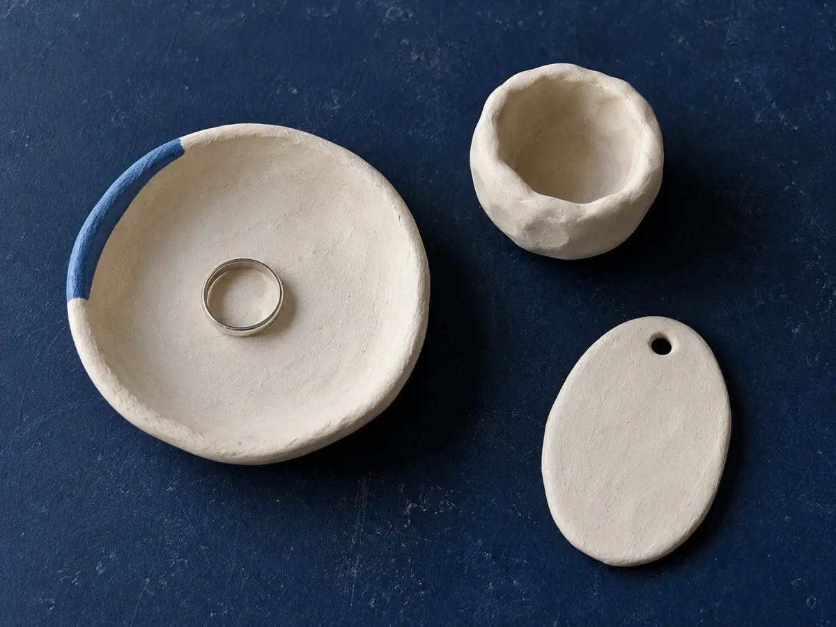 Three pale handmade clay projects on a blue surface: a ring dish with a blue stripe, a pinch pot and an oval ornament.