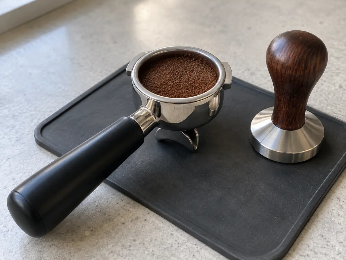 A stainless-steel portafilter holding ground coffee beside a separate wood-handled tamper on a dark mat.