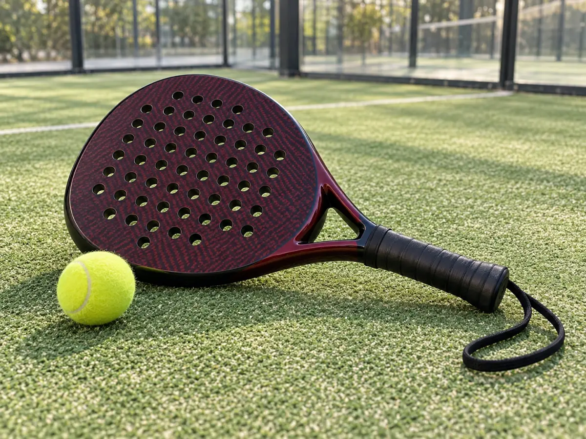 A burgundy perforated padel racket with a yellow felt ball